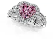 Milgrain Halo Engagement Ring Setting for Fancy Pink Heart-Shaped Center with Shoulder Bezels and Prong Head in Sterling Silver