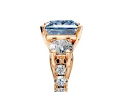 3 Stone Engagement Ring Setting for Fancy Blue Princess Cut Center with Crossover Basket, Pave Band and Prong Head in Rose Gold