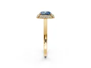 Halo Engagement Ring Setting for Fancy Blue Cushion Cut Center with Plain Tapered Band and Prong Head in Yellow Gold