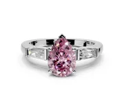 3 Stone Engagement Ring Setting for Fancy Pink Pear-Shaped Center with Tapered Baguettes, Plain Band and Prong Head in Sterling Silver