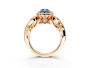 Milgrain Halo Engagement Ring Setting for Fancy Blue Emerald Cut Center with Shoulder Bezels and Prong Head in Rose Gold