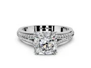 Solitaire Engagement Ring Setting for Cushion Cut Center with Pave Rail Split Shank and Prong Head in Platinum
