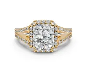 Halo Engagement Ring Setting for Radiant Cut Center with Pave Split Shank and Prong Head in Yellow Gold