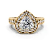 Milgrain Halo Engagement Ring Setting for Heart-Shaped Center with Pave Band and Prong Head in Yellow Gold