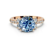 Paired Accent Engagement Ring Setting for Fancy Blue Round Cut Center with Pave Band and Prong Head in Rose Gold