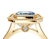 Halo Engagement Ring Setting for Fancy Blue Asscher Cut Center with Milgrain Frame, Pave Band and Prong Head in Yellow Gold