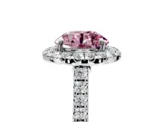 Halo Engagement Ring Setting for Fancy Pink Round Cut Center with Narrowing Pave Band and Prong Head in White Gold