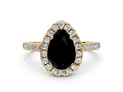 Halo Engagement Ring Setting for Fancy Black Pear-Shaped Center with Narrowing Pave Band and Prong Head in Yellow Gold