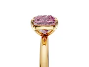 Low-Set Solitaire Engagement Ring Setting for Fancy Pink Cushion Cut Center with Thin Plain Band and Prong Head in Yellow Gold