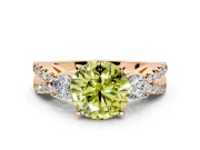 3 Stone Engagement Ring Setting for Fancy Yellow Round Cut Center with Pave Split Shank and Prong Head in Rose Gold