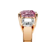 3 Stone Engagement Ring Setting for Fancy Pink Cushion Cut Center with Matching Side Accents and Prong Head in Rose Gold