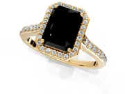 Halo Engagement Ring Setting for Fancy Black Radiant Cut Center with Pave Accents, Heart Basket and Prong Head in Yellow Gold