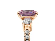 3 Stone Engagement Ring Setting for Fancy Pink Emerald Cut Center with Round Cut Side Accents and Prong Head in Rose Gold