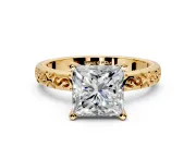 Solitaire Engagement Ring Setting for Princess Cut Center with Scrollwork Band and Prong Head in Yellow Gold
