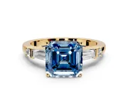 Bar-Set Engagement Ring Setting for Fancy Blue Asscher Cut Center with Tapered Baguette Accents and Prong Head in Yellow Gold