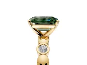 Solitaire Engagement Ring Setting for Fancy Green Emerald Cut Center with Beaded Bezel Station Band and Prong Head in Yellow Gold