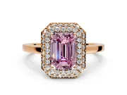 Halo Engagement Ring Setting for Fancy Pink Emerald Cut Center with Plain Tapered Band and Prong Head in Rose Gold