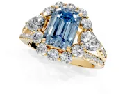 Halo Engagement Ring Setting for Fancy Blue Emerald Cut Center with Two-Strand Split Shank and Prong Head in Yellow Gold