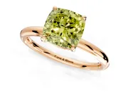Low-Set Solitaire Engagement Ring Setting for Fancy Yellow Cushion Cut Center with Thin Plain Band and Prong Head in Rose Gold