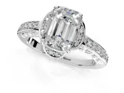 Floral Engagement Ring Setting for Emerald Cut Center with Four Accent Clusters and Prong Head in Platinum