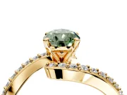 Solitaire Engagement Ring Setting for Fancy Green Pear-Shaped Center with Pave Bypass Swirl Band and Prong Head in Yellow Gold