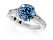 Solitaire Engagement Ring Setting for Fancy Blue Round Cut Center with Engraved Pave Band and Prong Head in Platinum