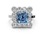 Cluster Halo Engagement Ring Setting for Fancy Blue Princess Cut Center with Milgrain Bezel Accents and Prong Head in Platinum
