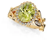 Halo Engagement Ring Setting for Fancy Yellow Oval Center with Leaf Motif Split Shank and Prong Head in Yellow Gold