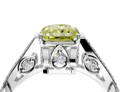 Cathedral Engagement Ring Setting for Fancy Yellow Radiant Cut Center with Antique-Style Pave Band and Prong Head in Platinum