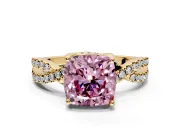 Solitaire Engagement Ring Setting for Fancy Pink Cushion Cut Center with Narrow Twist Pave Band and Prong Head in Yellow Gold