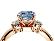 3 Stone Engagement Ring Setting for Fancy Blue Cushion Cut Center with Wide Plain Band and Prong Head in Rose Gold