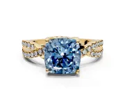 Solitaire Engagement Ring Setting for Fancy Blue Cushion Cut Center with Narrow Twist Pave Band and Prong Head in Yellow Gold