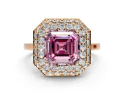 Halo Engagement Ring Setting for Fancy Pink Asscher Cut Center with Plain Tapered Band and Prong Head in Rose Gold