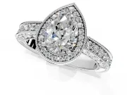 Milgrain Halo Engagement Ring Setting for Pear-Shaped Center with Wide Pave Band and Prong Head in Platinum