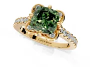 Floral Engagement Ring Setting for Fancy Green Cushion Cut Center with Pave Band and Floral Prong Head in Yellow Gold