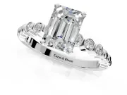 Solitaire Engagement Ring Setting for Emerald Cut Center with Bezel-Dot Beaded Band and Prong Head in Platinum