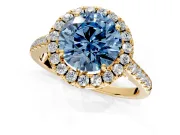 Halo Engagement Ring Setting for Fancy Blue Round Cut Center with Raised Halo, Pave Band and Prong Head in Yellow Gold