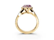 Halo Engagement Ring Setting for Fancy Pink Heart-Shaped Center with Narrow Pave Split Shank and Prong Head in Yellow Gold