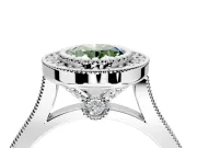 Halo Engagement Ring Setting for Fancy Green Oval Center with Milgrain Frame, Pave Band and Prong Head in Platinum