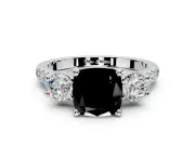 3 Stone Engagement Ring Setting for Fancy Black Cushion Cut Center with Crossover Basket, Pave Band and Prong Head in Platinum