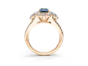 Halo Engagement Ring Setting for Fancy Blue Emerald Cut Center with Two-Strand Split Shank and Prong Head in Rose Gold