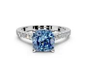 Solitaire Engagement Ring Setting for Fancy Blue Cushion Cut Center with Widening Pave Band and Claw Prong Head in Platinum