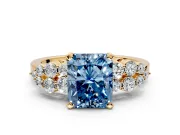 Cluster Engagement Ring Setting for Fancy Blue Radiant Cut Center with 2-Row Shoulder Clusters and Prong Head in Yellow Gold