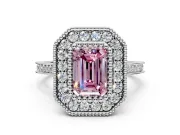 Halo Engagement Ring Setting for Fancy Pink Emerald Cut Center with Milgrain Frame, Pave Band and Prong Head in Platinum