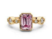 Vintage Station Engagement Ring Setting for Fancy Pink Emerald Cut Center with Accents and Prong Head in Yellow Gold