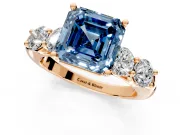 5 Stone Engagement Ring Setting for Fancy Blue Asscher Cut Center with Graduated Accents and Prong Head in Rose Gold