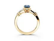 Bar-Set Engagement Ring Setting for Fancy Blue Emerald Cut Center with Tapered Baguette Accents and Prong Head in Yellow Gold