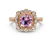 Milgrain Halo Engagement Ring Setting for Fancy Pink Cushion Cut Center with Bezel Point Accents and Prong Head in Rose Gold