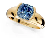 Tension Engagement Ring Setting for Fancy Blue Cushion Cut Center with Wide Flat Band and Tension Head in Yellow Gold