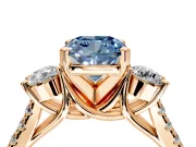 3 Stone Engagement Ring Setting for Fancy Blue Cushion Cut Center with Crossover Basket, Pave Band and Prong Head in Rose Gold